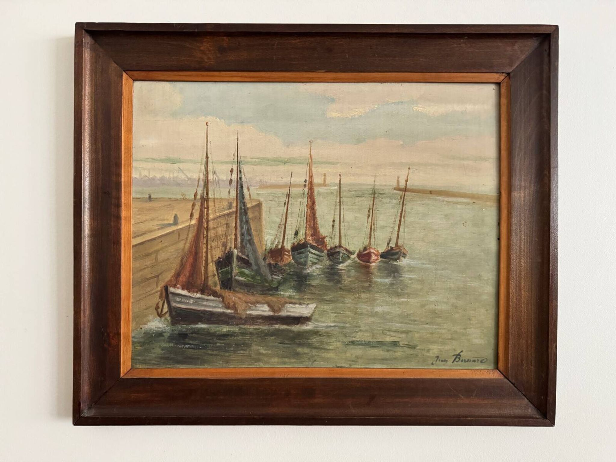 Oil on panel 20th century fishing boats by Jean Bernard Saint-Nazaire