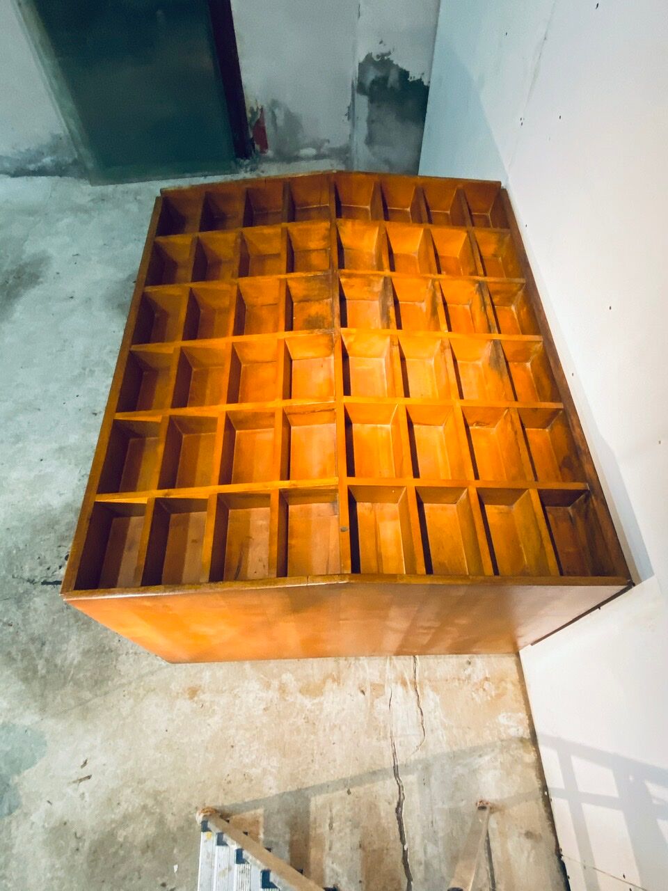 Double-sided wooden industrial filing cabinet with 48 vintage drawers