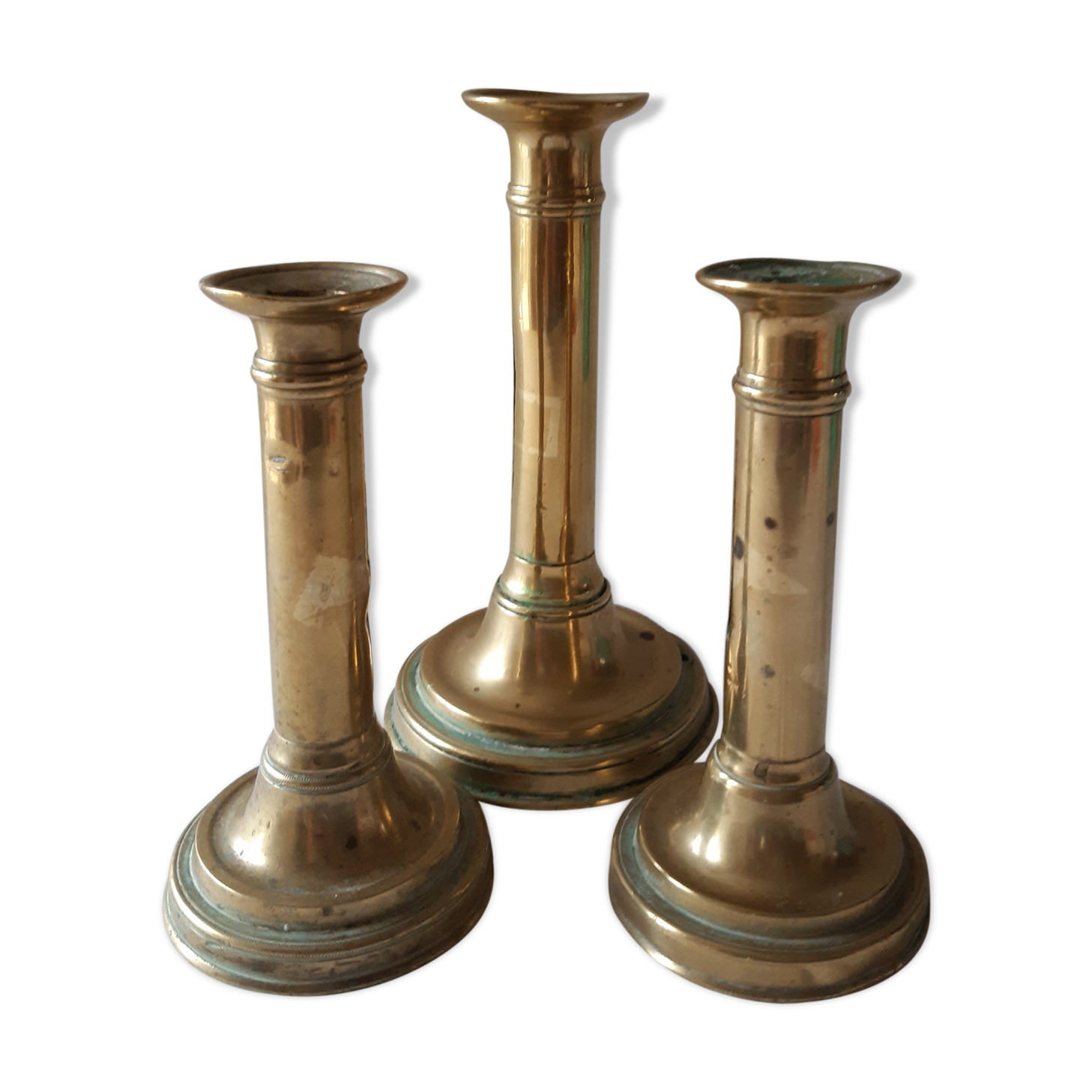 Lot of three old brass candlesticks