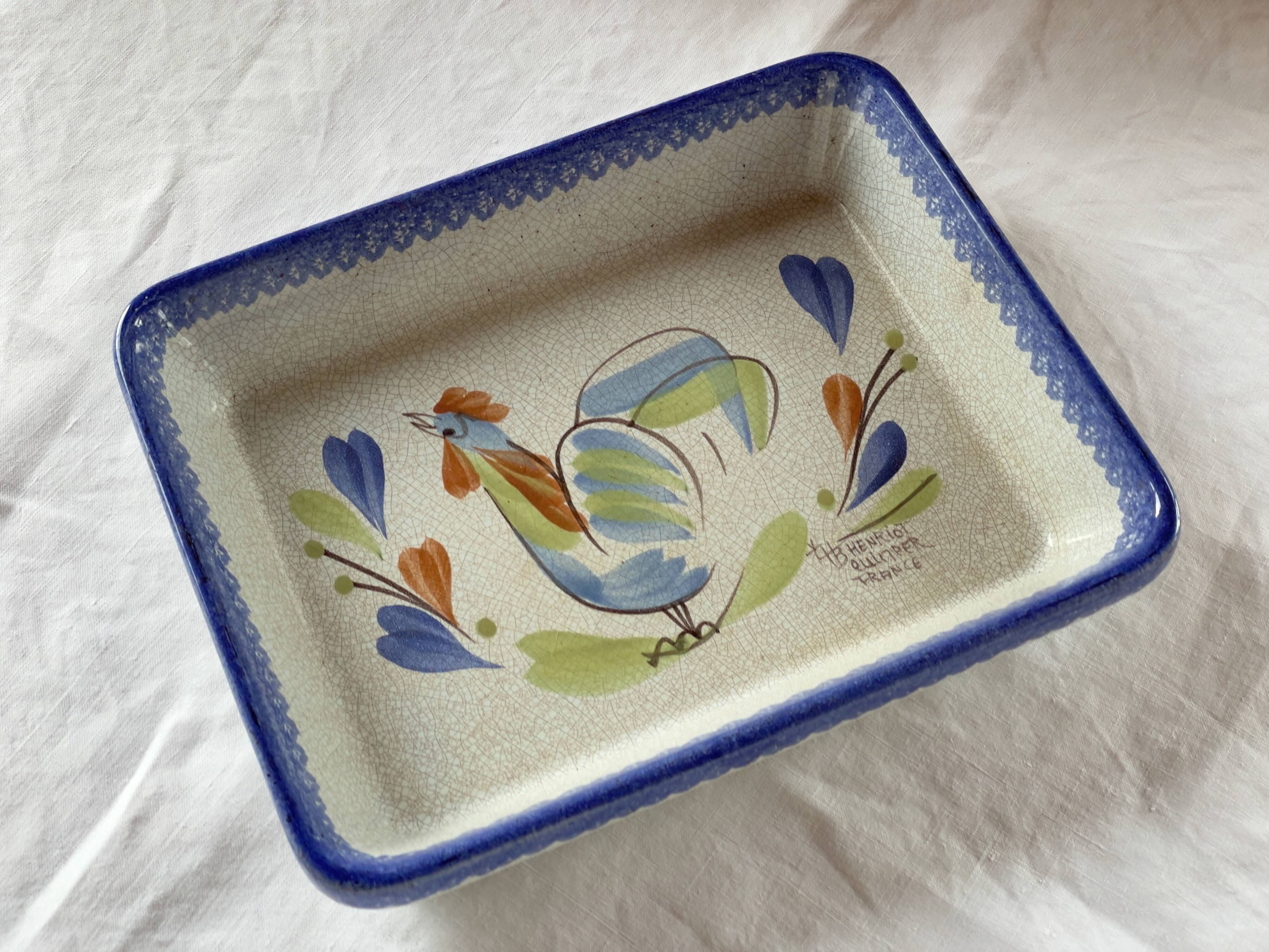 Antique and rare emile henry oven dish with hb henriot quimper decoration 1950