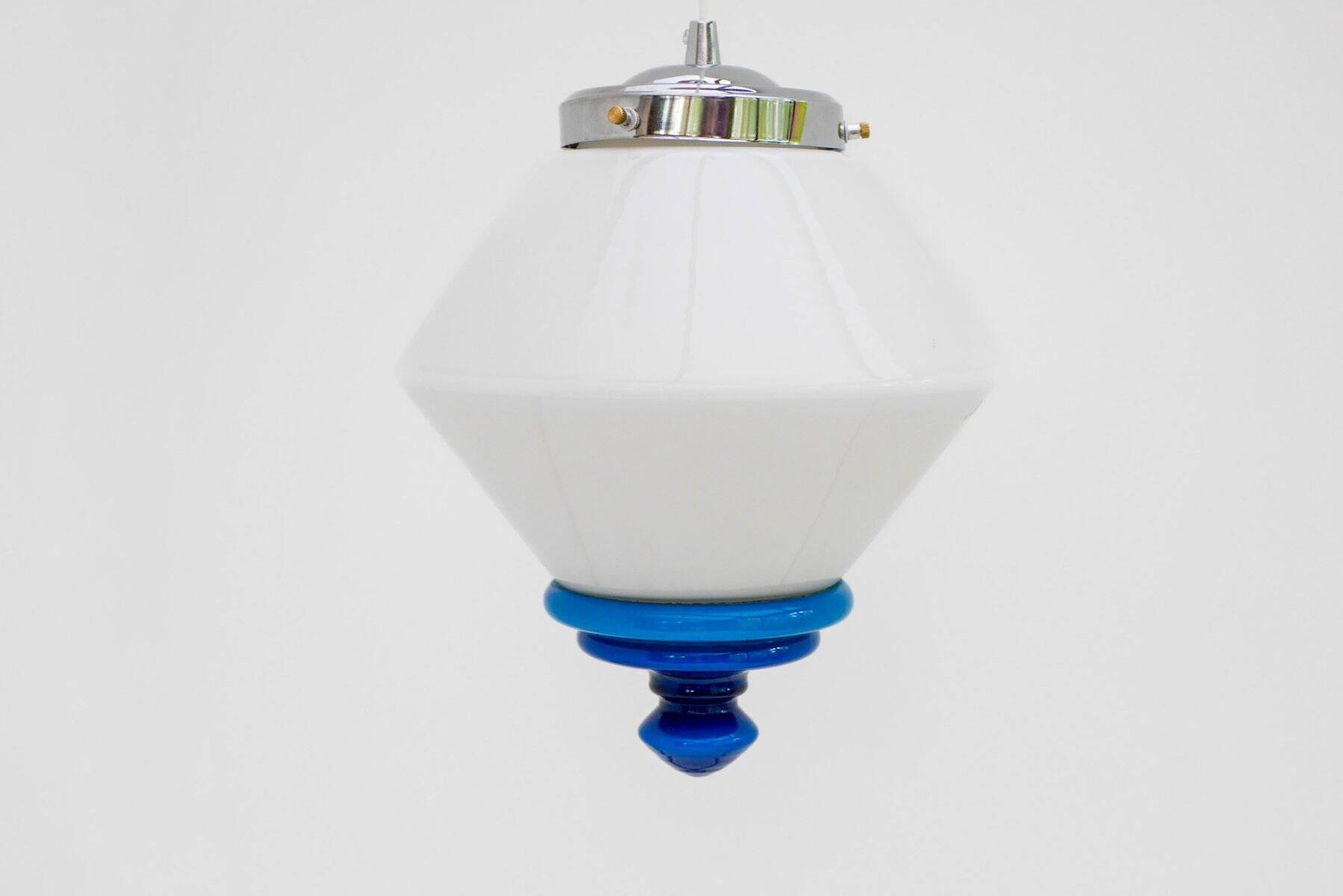 Scandinavian Art Deco milk glass pendant light with azure blue details, 1930s