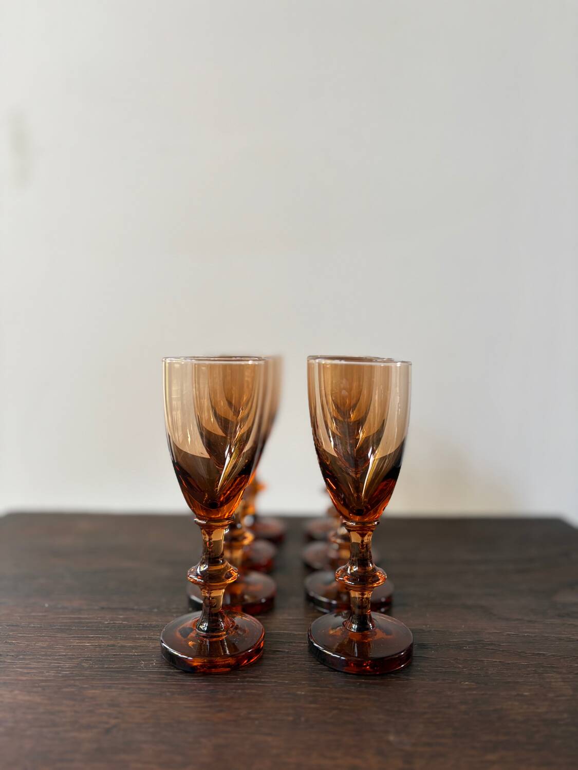 Set of 8 vintage amber portieux crystal glasses from the 70s
