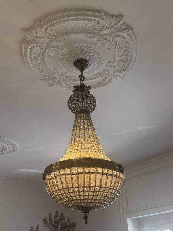Lustre Montgolfière en bronze et verre, style Empire