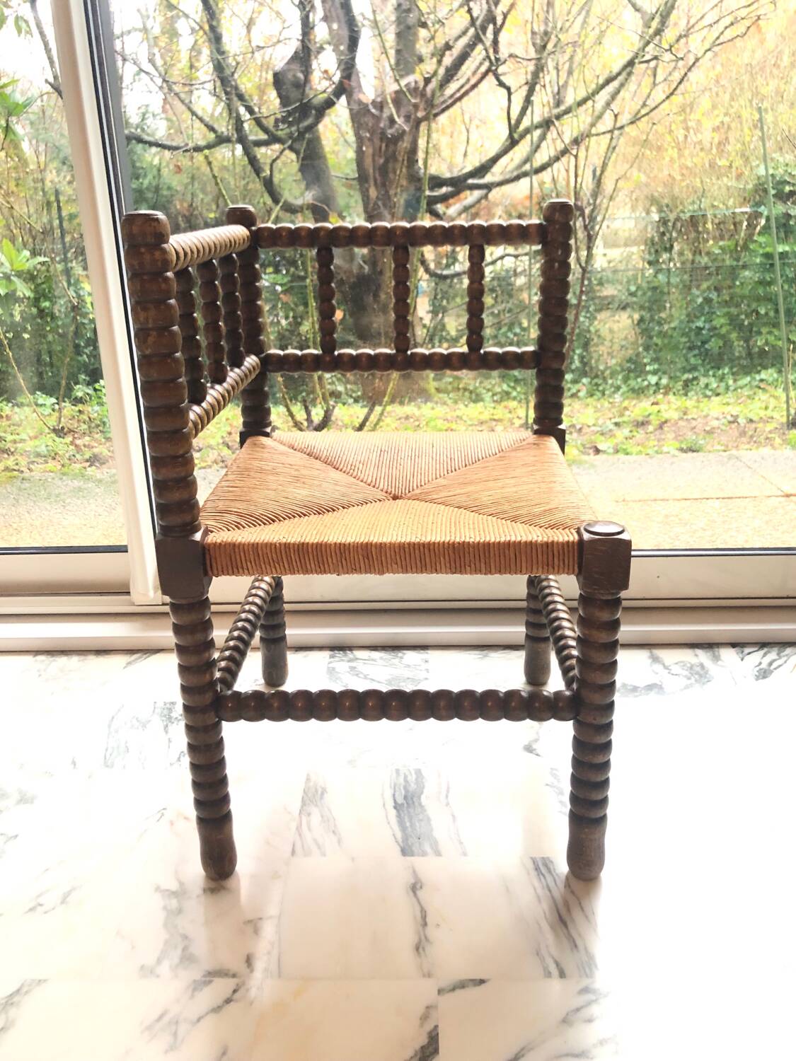 Art Deco corner chair in bobbin oak and straw, 1930s