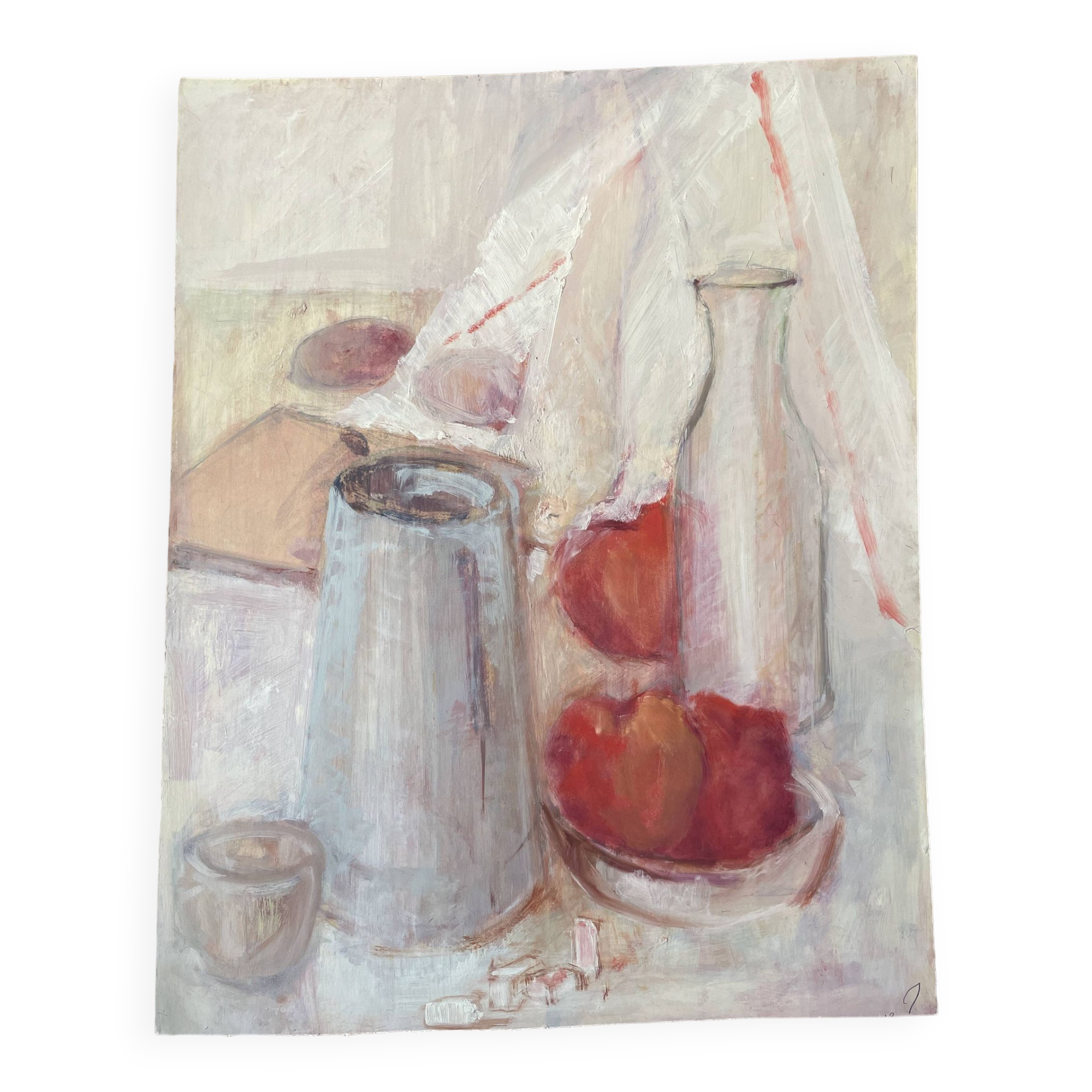 Still life "Red apples and blue pitcher" oil on cardboard