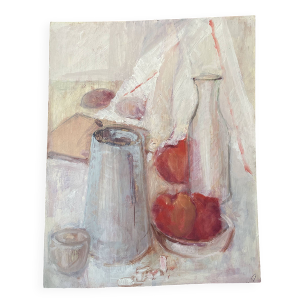 Nature morte "Pommes rouges et Pichet bleu" huile sur carton