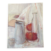 Still life "Red apples and blue pitcher" oil on cardboard