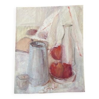 Still life "Red apples and blue pitcher" oil on cardboard