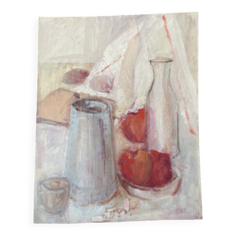 Nature morte "Pommes rouges et Pichet bleu" huile sur carton