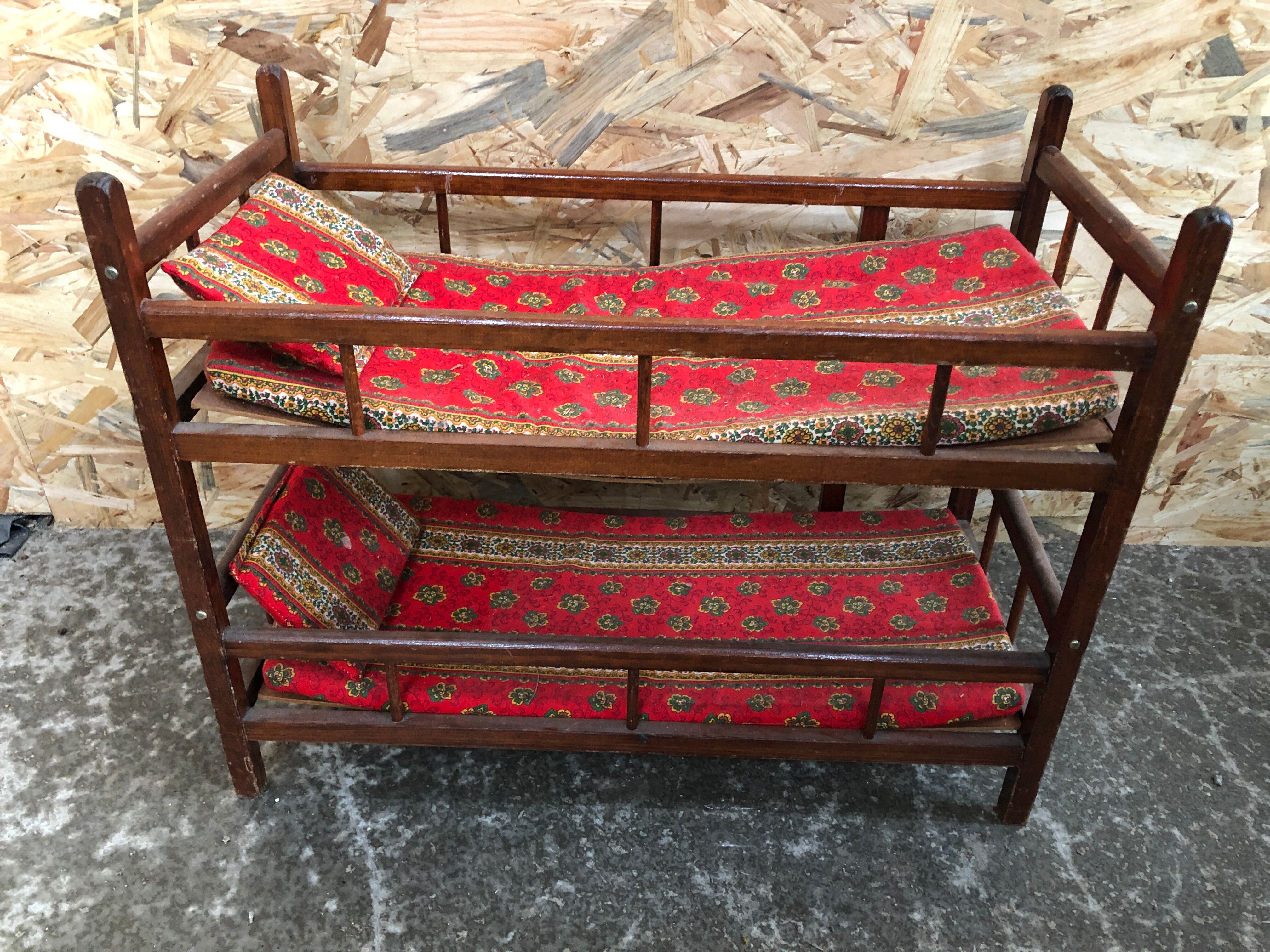 Old bunk bed doll wood + mattresses & cushions vintage fabric
