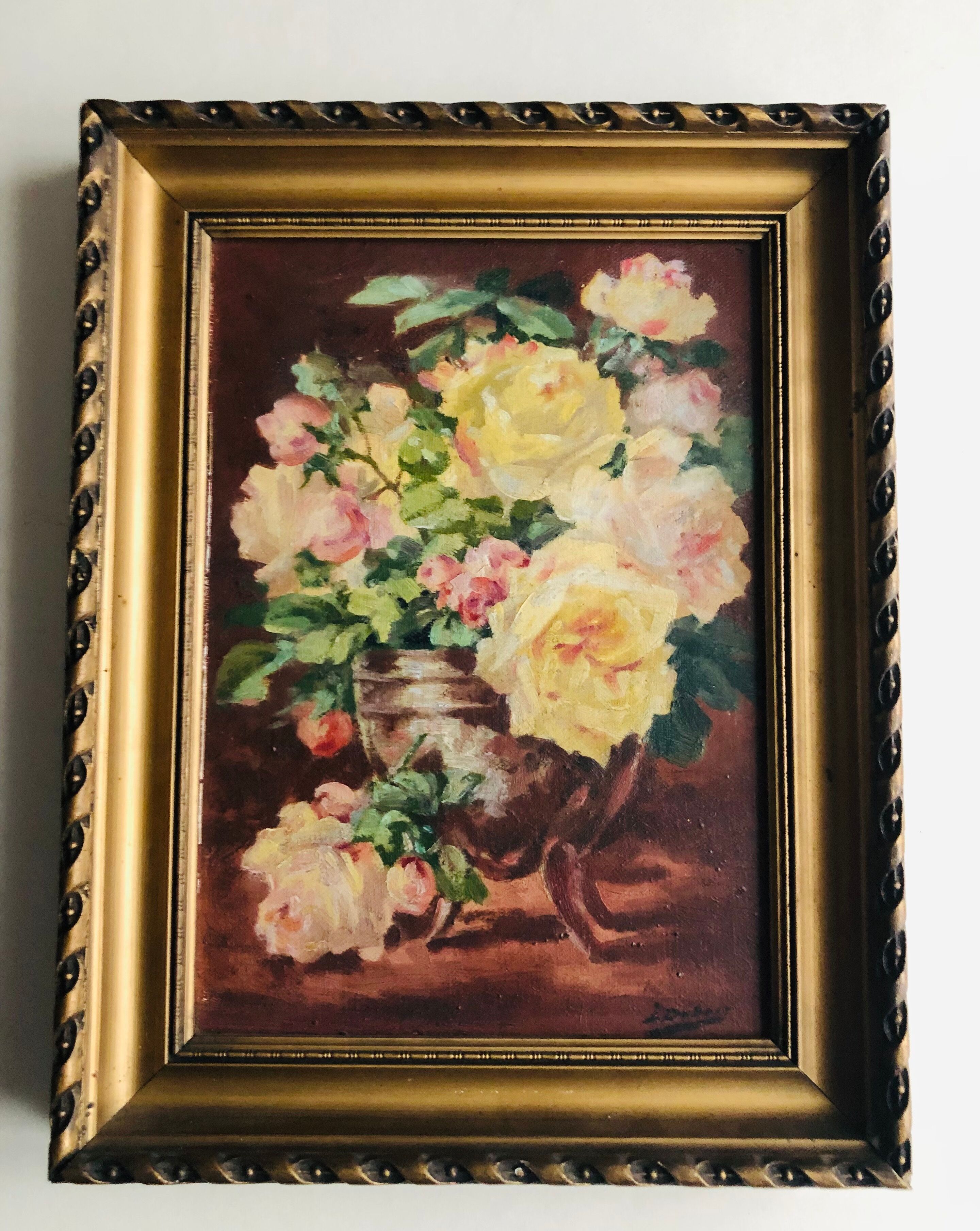Huile sur toile, nature morte au bouquet de roses