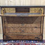 Commode secrétaire du XIXème en loupe d'orme, sapin et dessus marbre noir