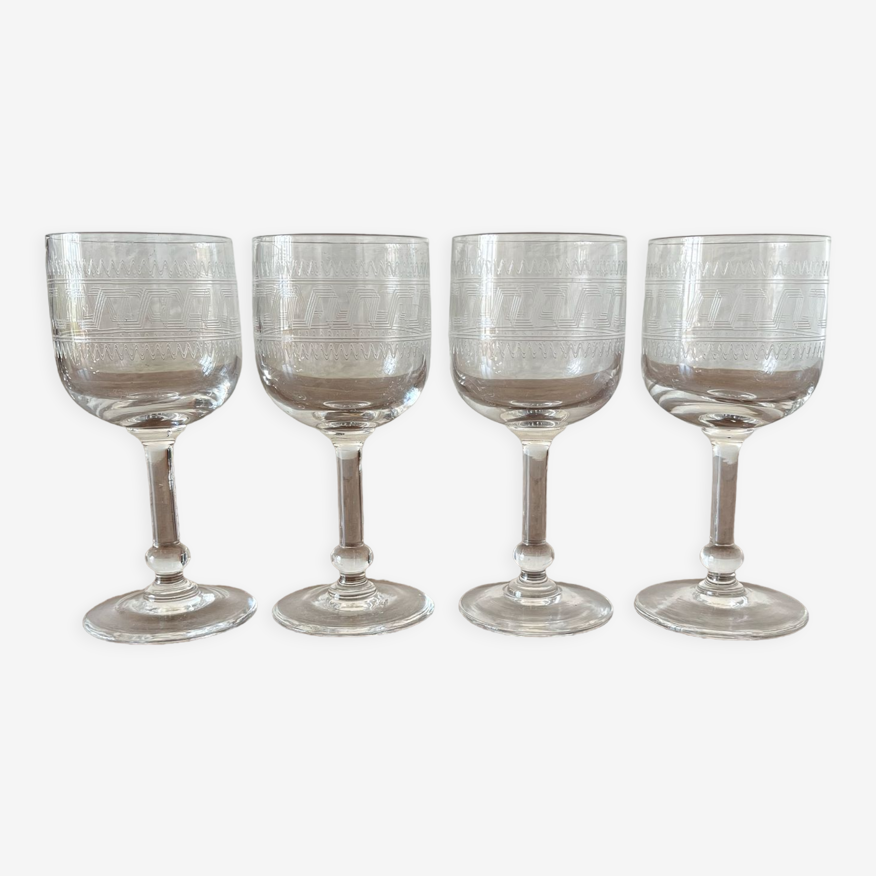 4 verres à pied à digestif anciens en cristal frise gravé XIXe | Selency