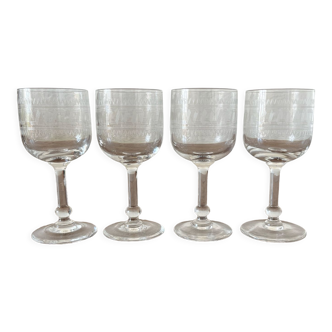 4 antique crystal digestif stemmed glasses with engraved frieze, 19th century
