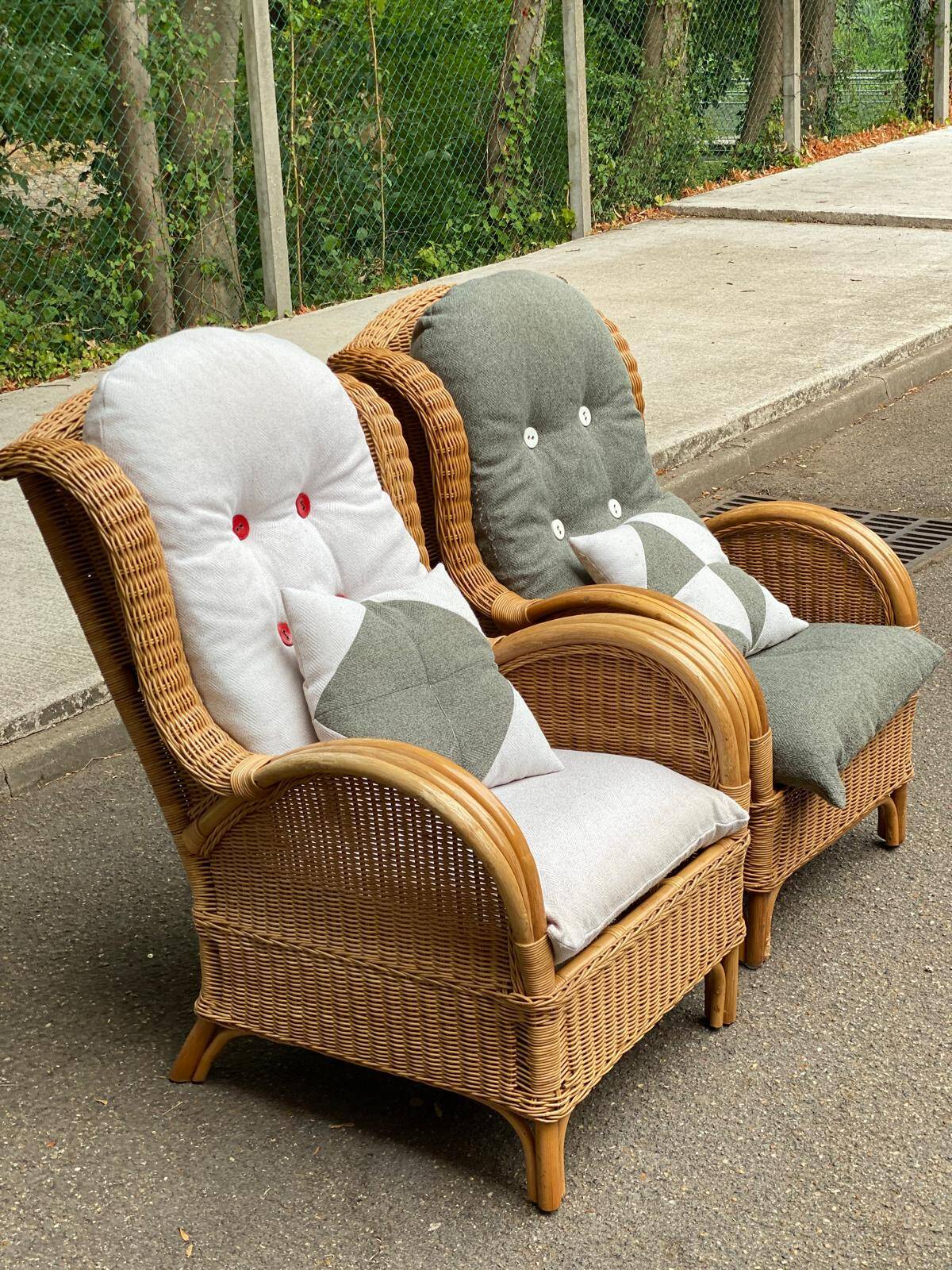 2 rattan and woven wicker armchairs in vintage 70s style