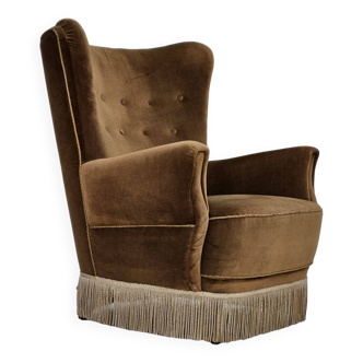 1960s, Danish highback relax chair, original upholstery, green velour.