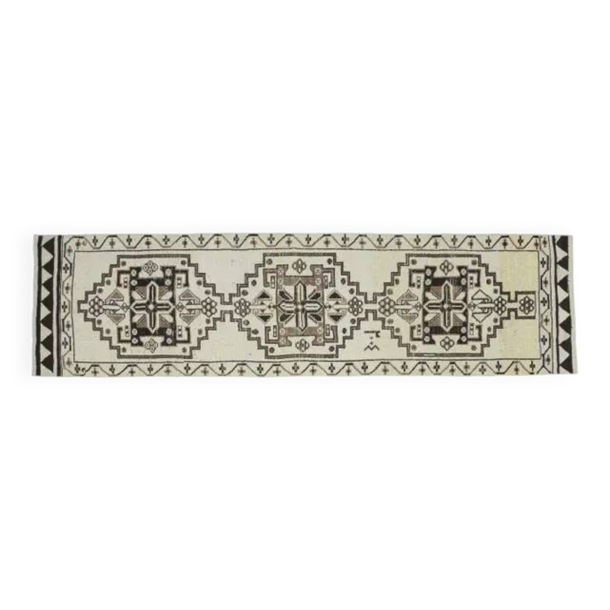1970s Vintage Turkish Handmade Wool & Cotton Beige Runner Rug 96x361