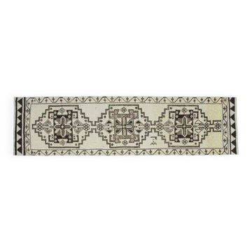 1970s Vintage Turkish Handmade Wool & Cotton Beige Runner Rug 96x361