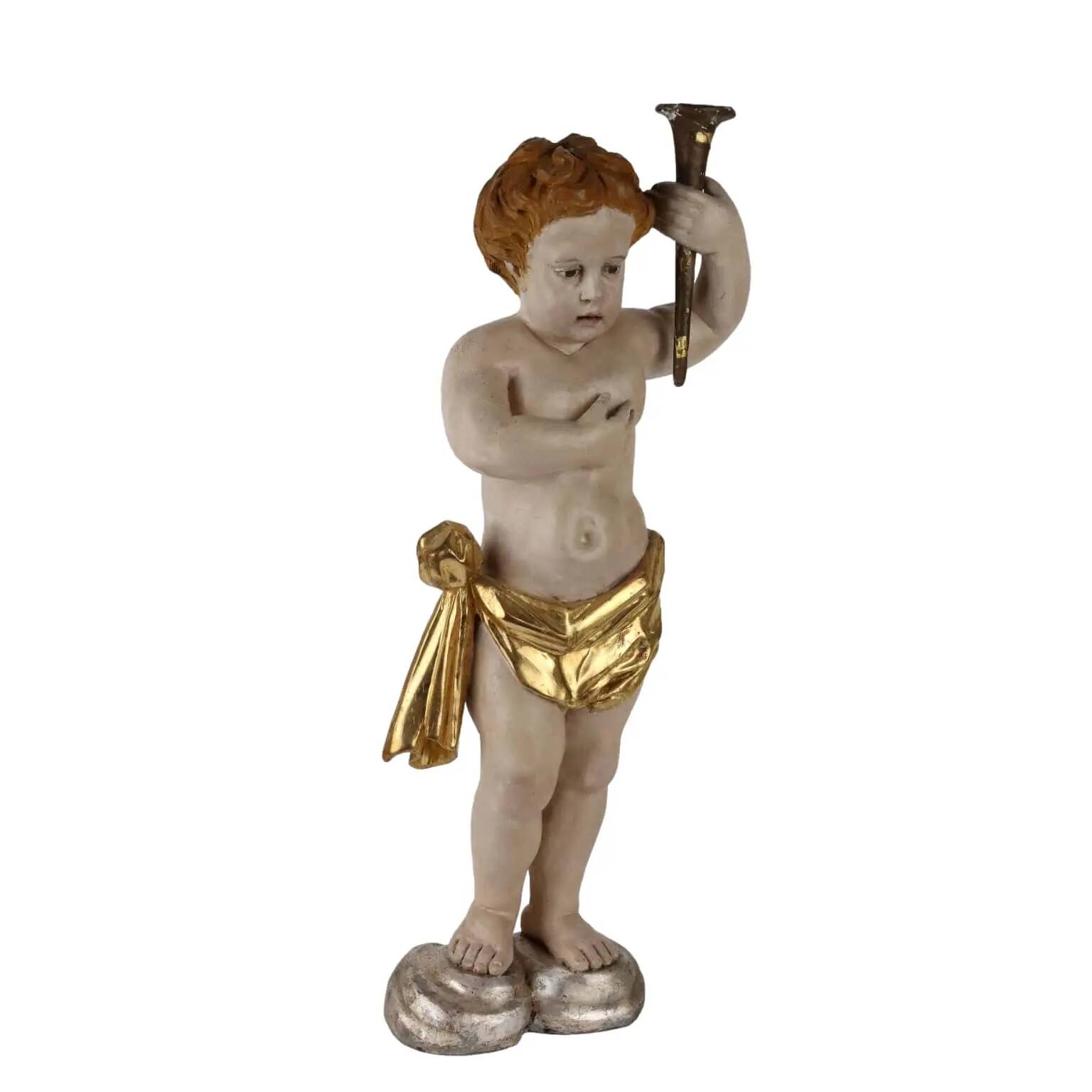 Ancient sculpture of a putto in carved and gilded wood, Italy, 19th century.