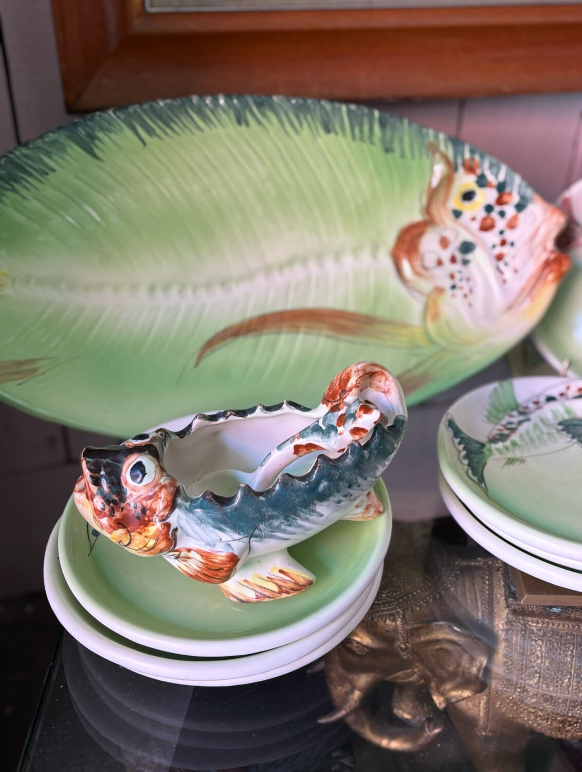 Vintage Vallauris ceramic dinnerware set. Fish design. 1960s