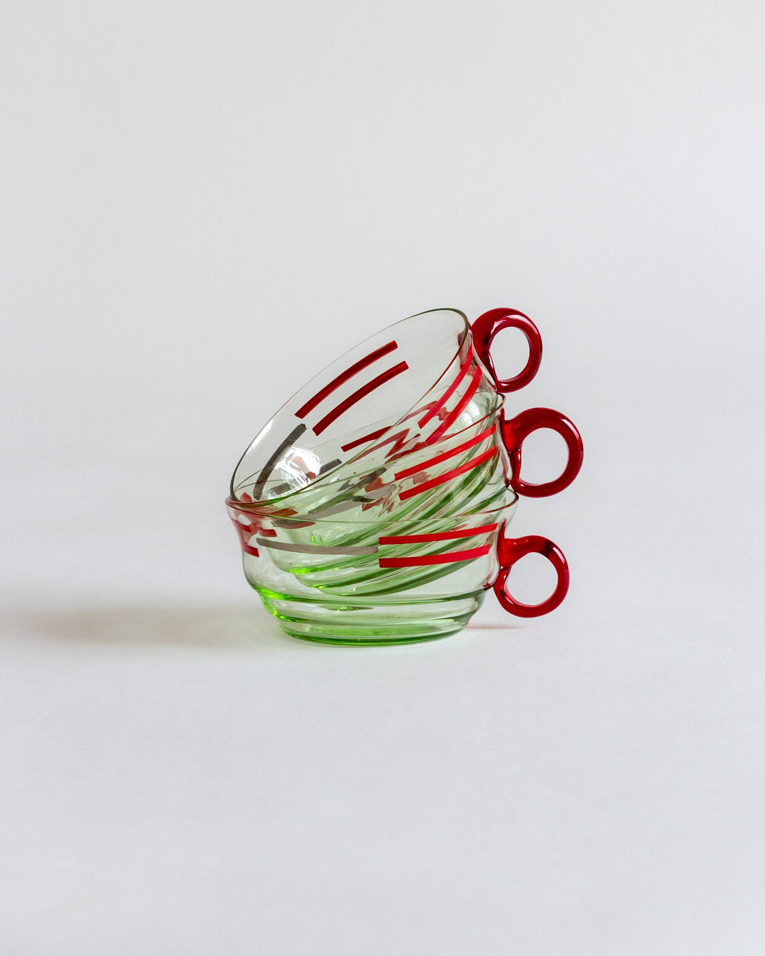 Set of six mouth-blown uranium glass cups, France, Mid-Century