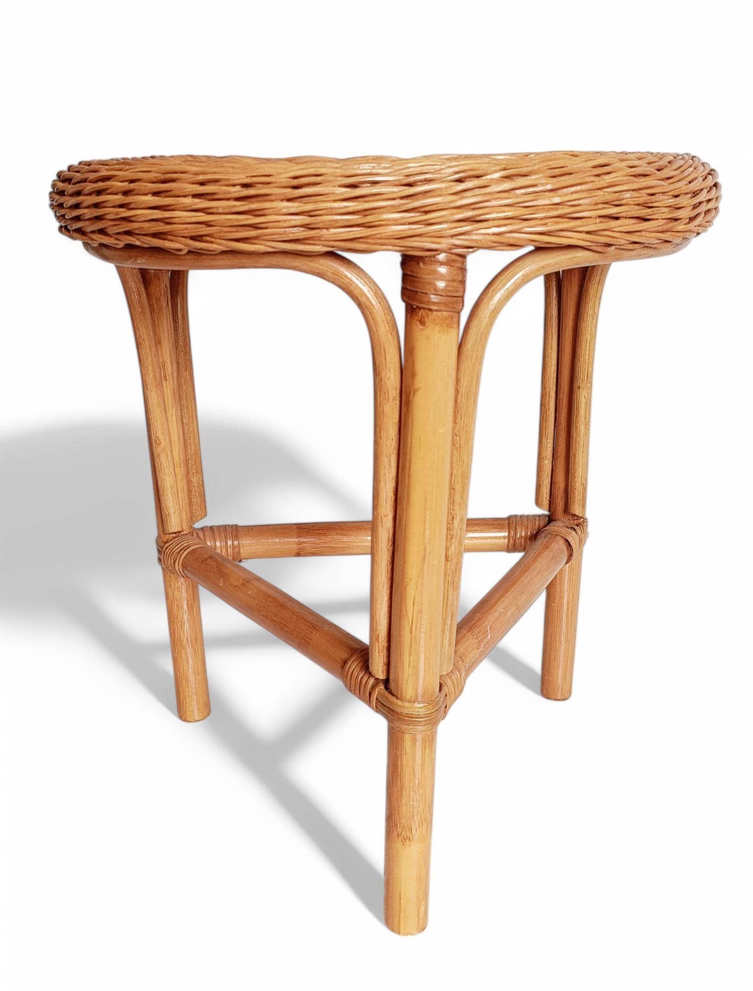1960s Handmade Vintage French Riviera Wicker & Bamboo Side Table