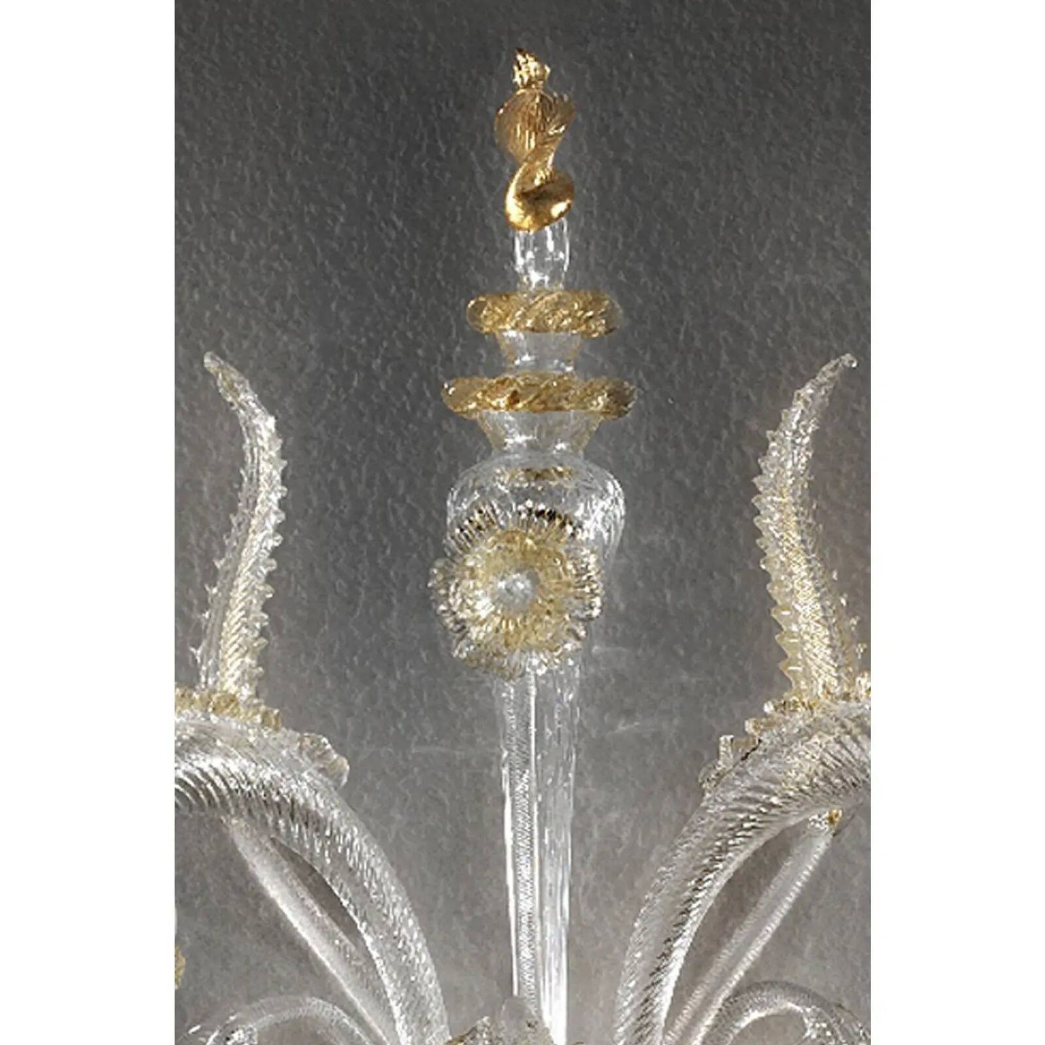 Italian Luxury Wall Sconce in Clear Murano Glass With Gold Floral Motifs