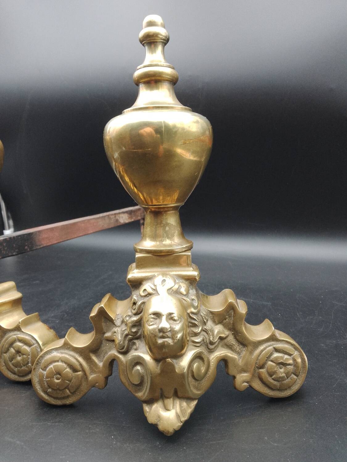Pair of Fireplace Andirons in Brass Decor Cast Iron Marmousets Louis XIV Loft Style