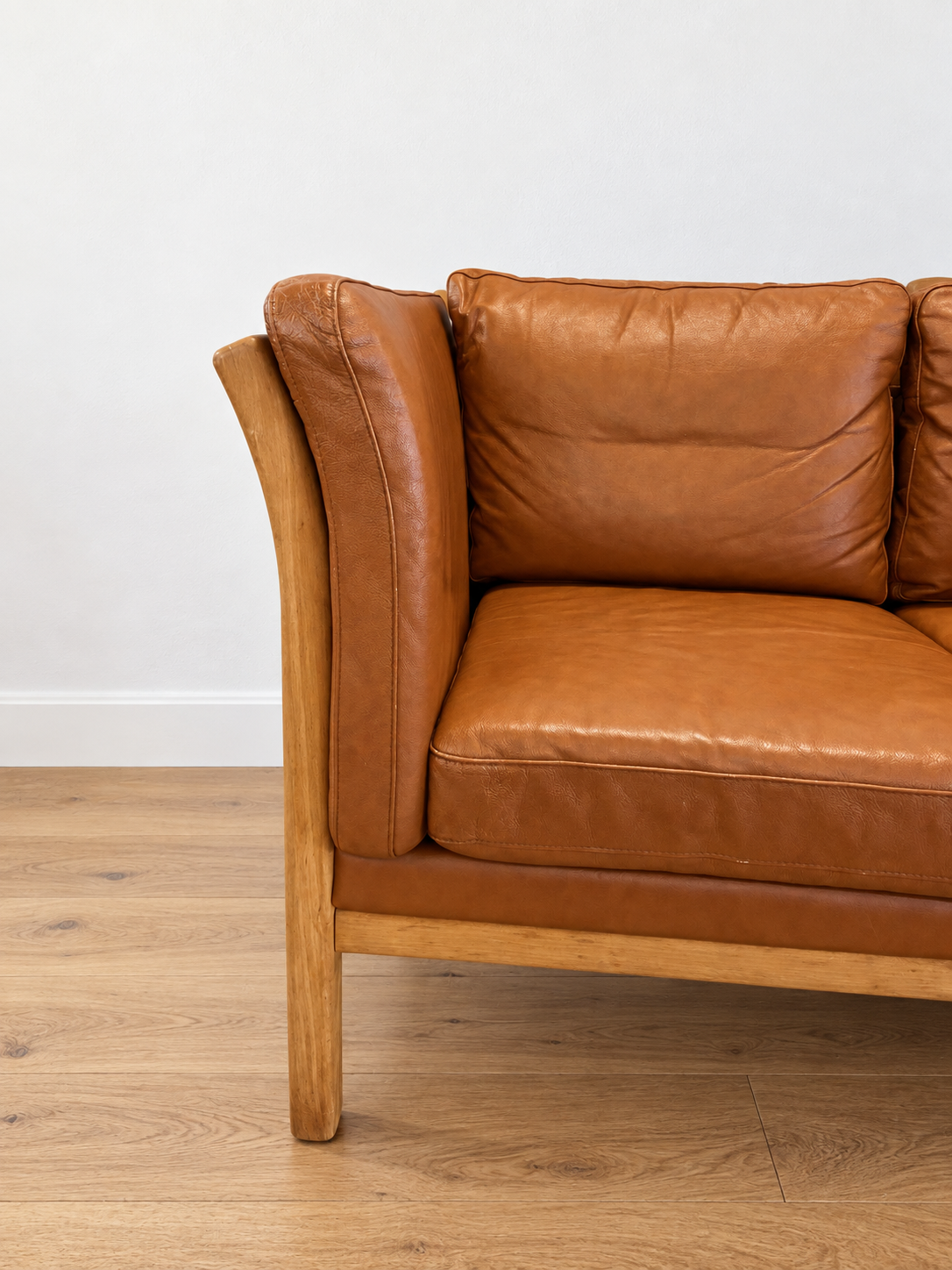 Vintage Danish 2 person sofa in cognac leather with oak frame
