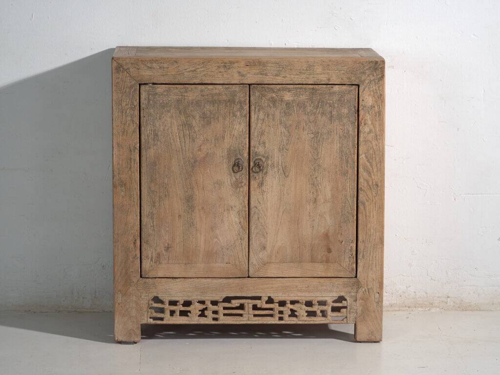 Antique low cabinet in elm with openwork apron – China, circa 1950