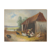 Huile sur toile "Poules"