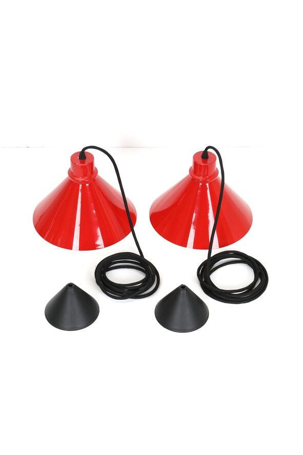 Set of 2 Nordisk Solar Compagni “Super Space” pendant lights, red, small version, Danish modern design, 1970s