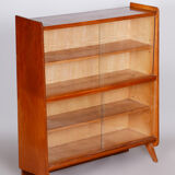 Restored midcentury oak bookcase, glass doors, revived polish, czechia, 1950s
