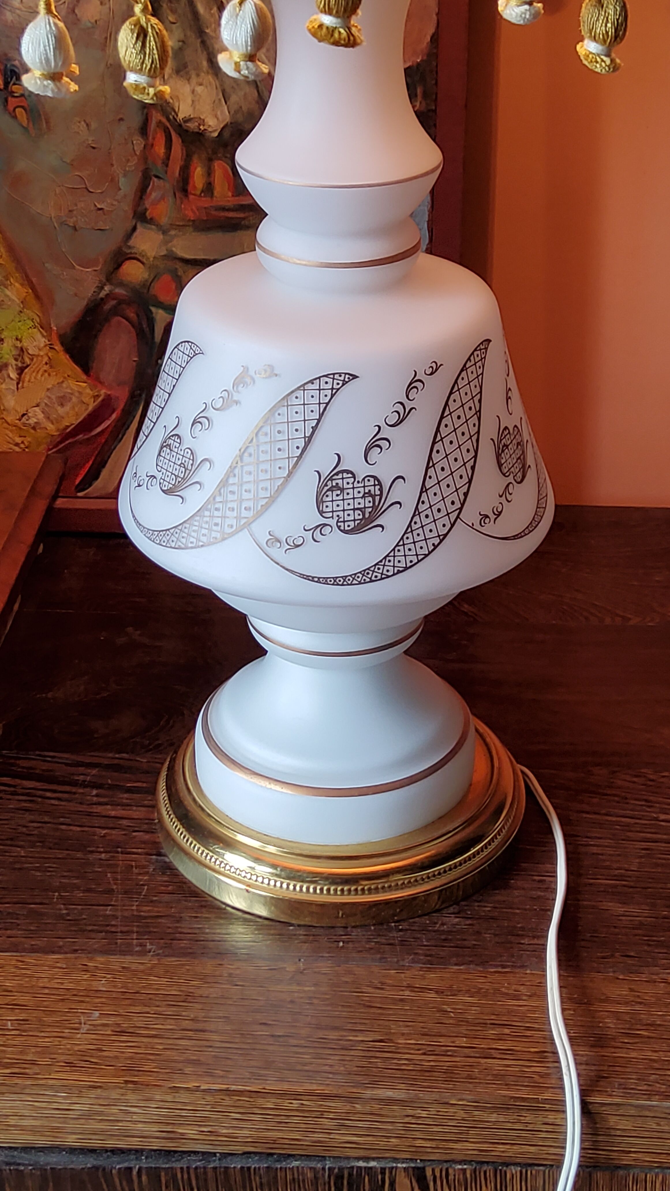 Vintage lamp of the 50s in white and golden opaline glass lampshade in red satin 75cm