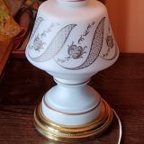 Vintage lamp of the 50s in white and golden opaline glass lampshade in red satin 75cm