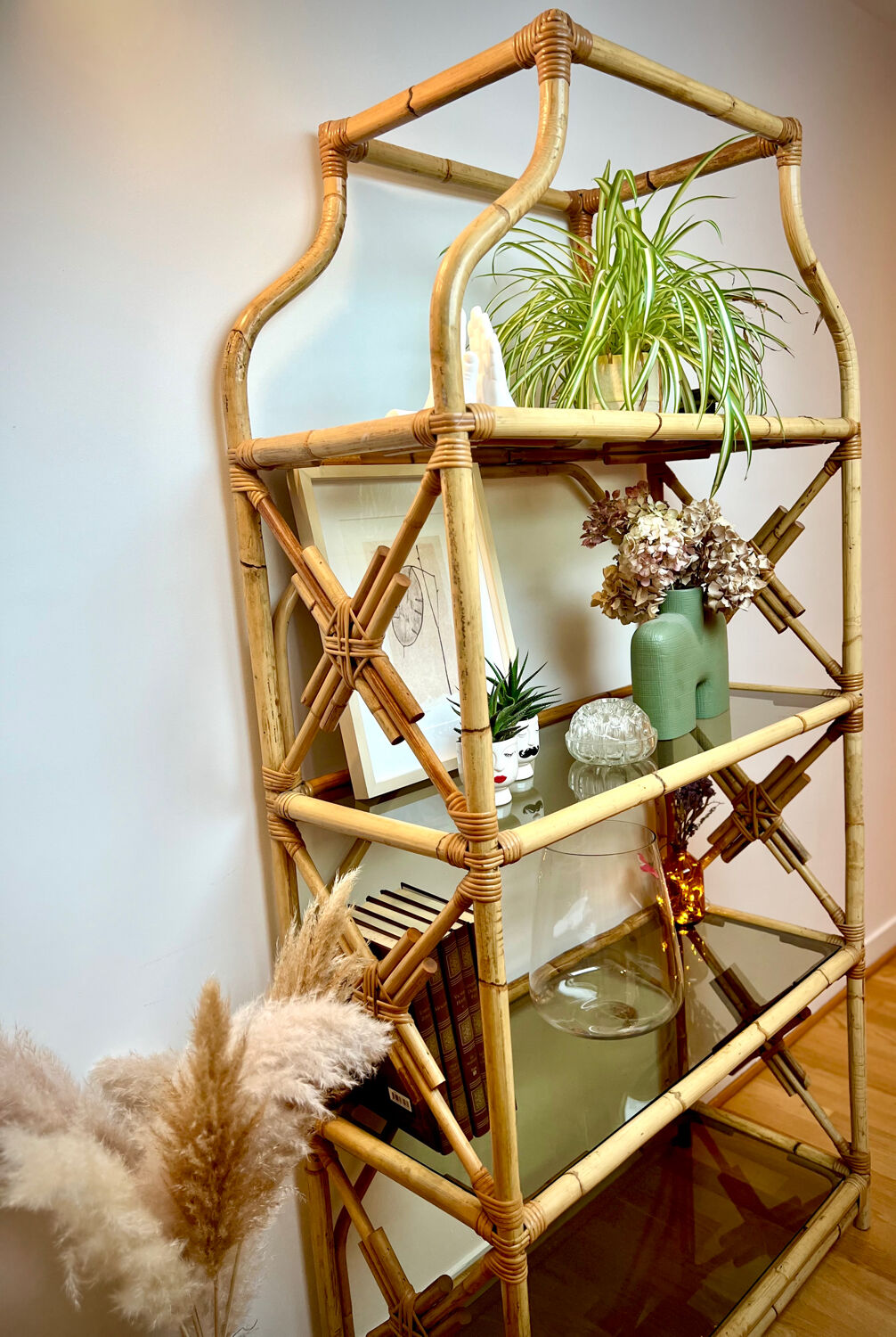 Rattan and glass shelf