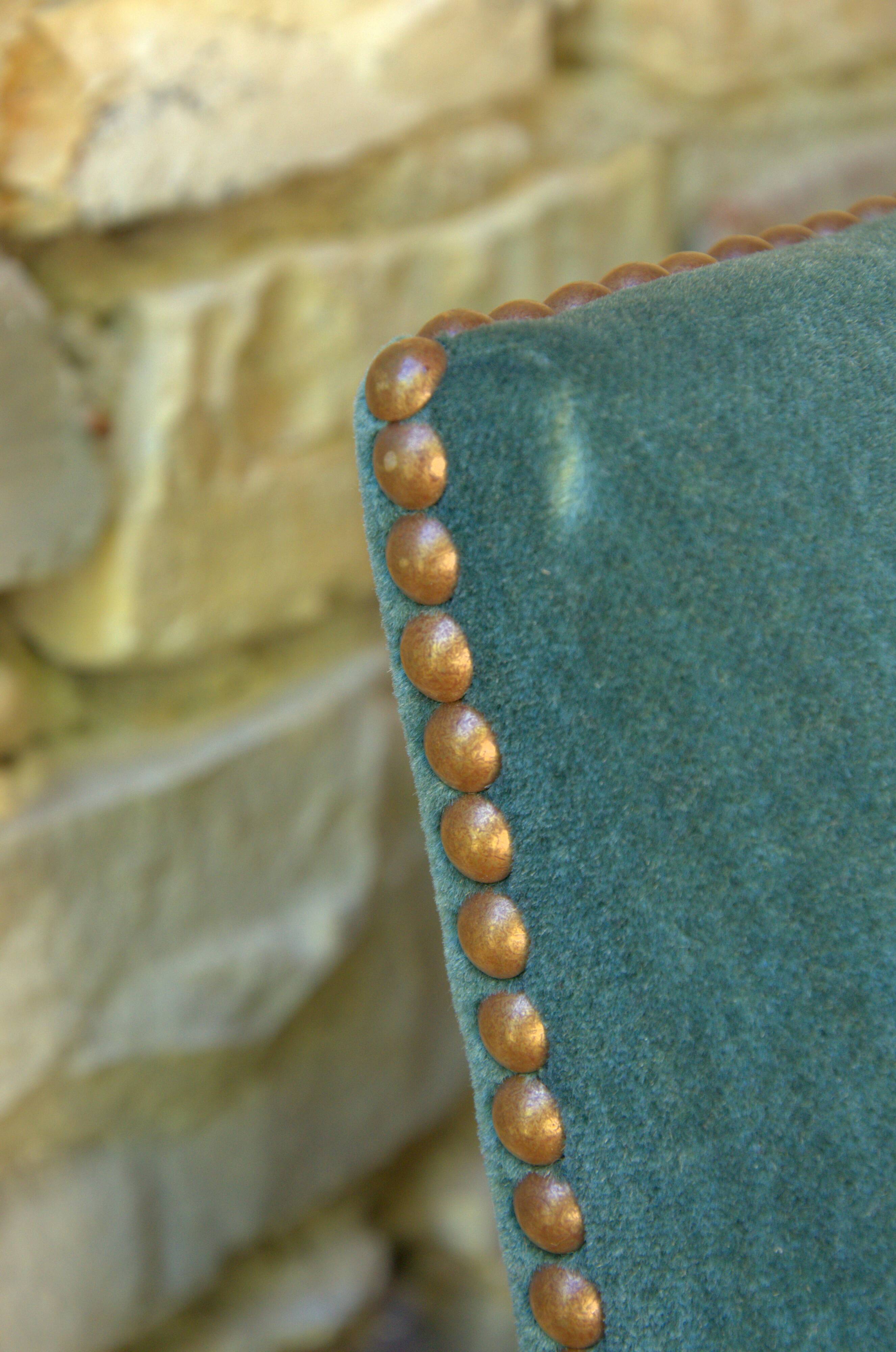 Antique Louis XIII style armchair, duck blue velvet, 67x112cm, G.Besnard