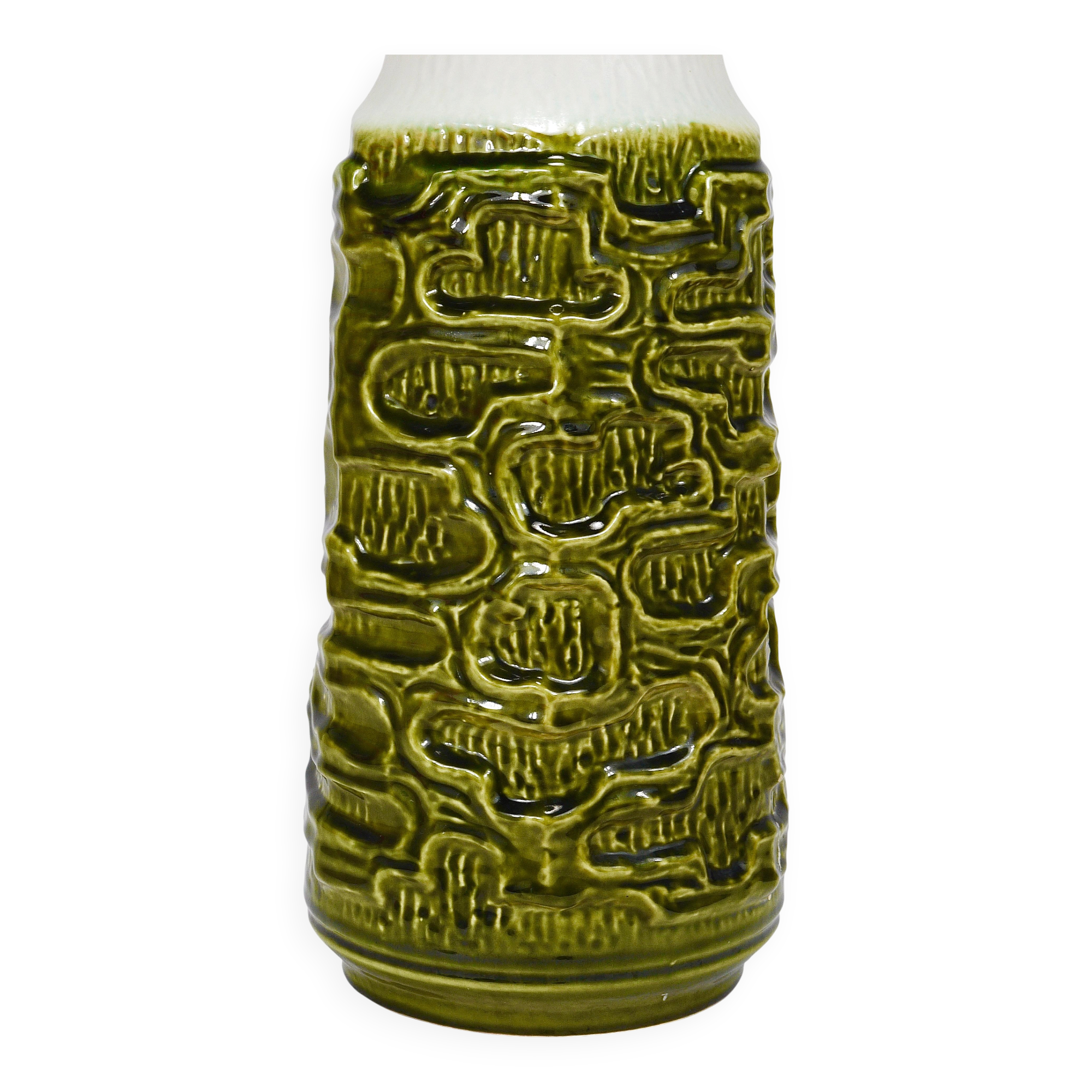 Grand vase de sol en terre cuite vert mousse olive brillant et blanc style Brutaliste Op-Art, Autriche, années 1970