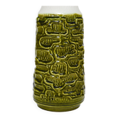 Large terracotta floor vase in glossy olive moss green and white, Brutalist Op-Art style, Austria, 1970s.