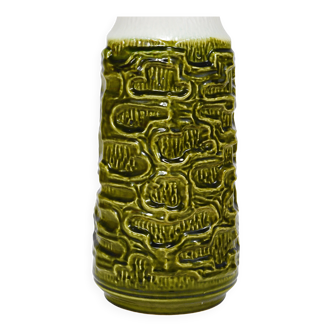Large terracotta floor vase in glossy olive moss green and white, Brutalist Op-Art style, Austria, 1970s.