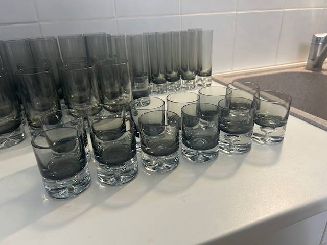 Set of black smoked glasses with large bubbles from the 1970s.