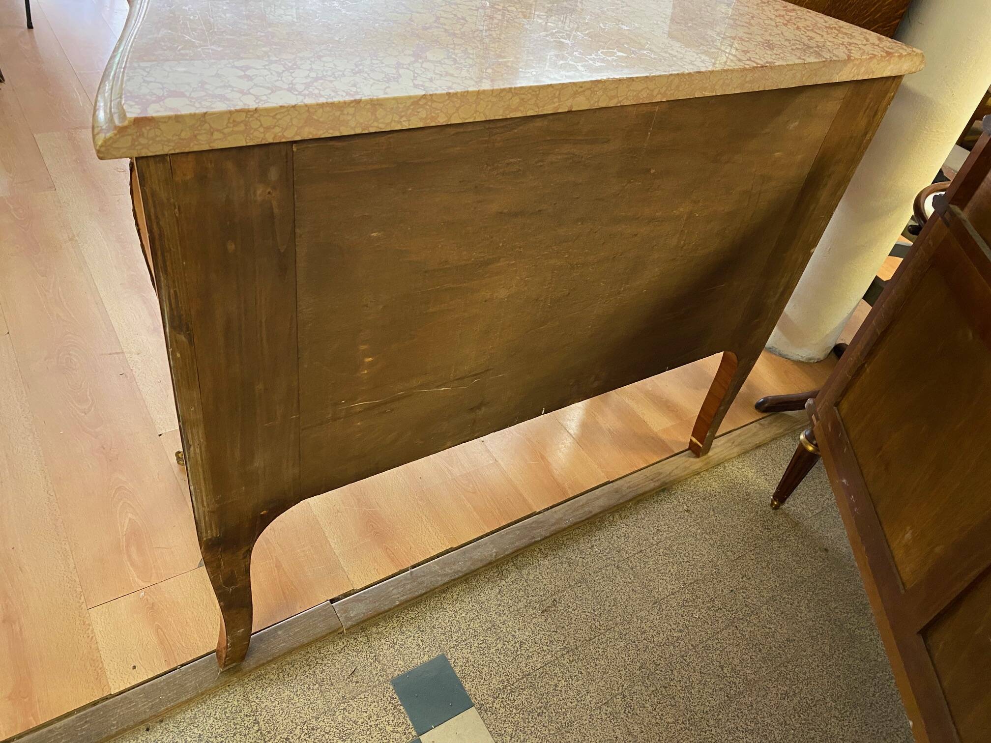 Louis xv style curved chest of drawers in marquetry with marble and embroidered floral decor