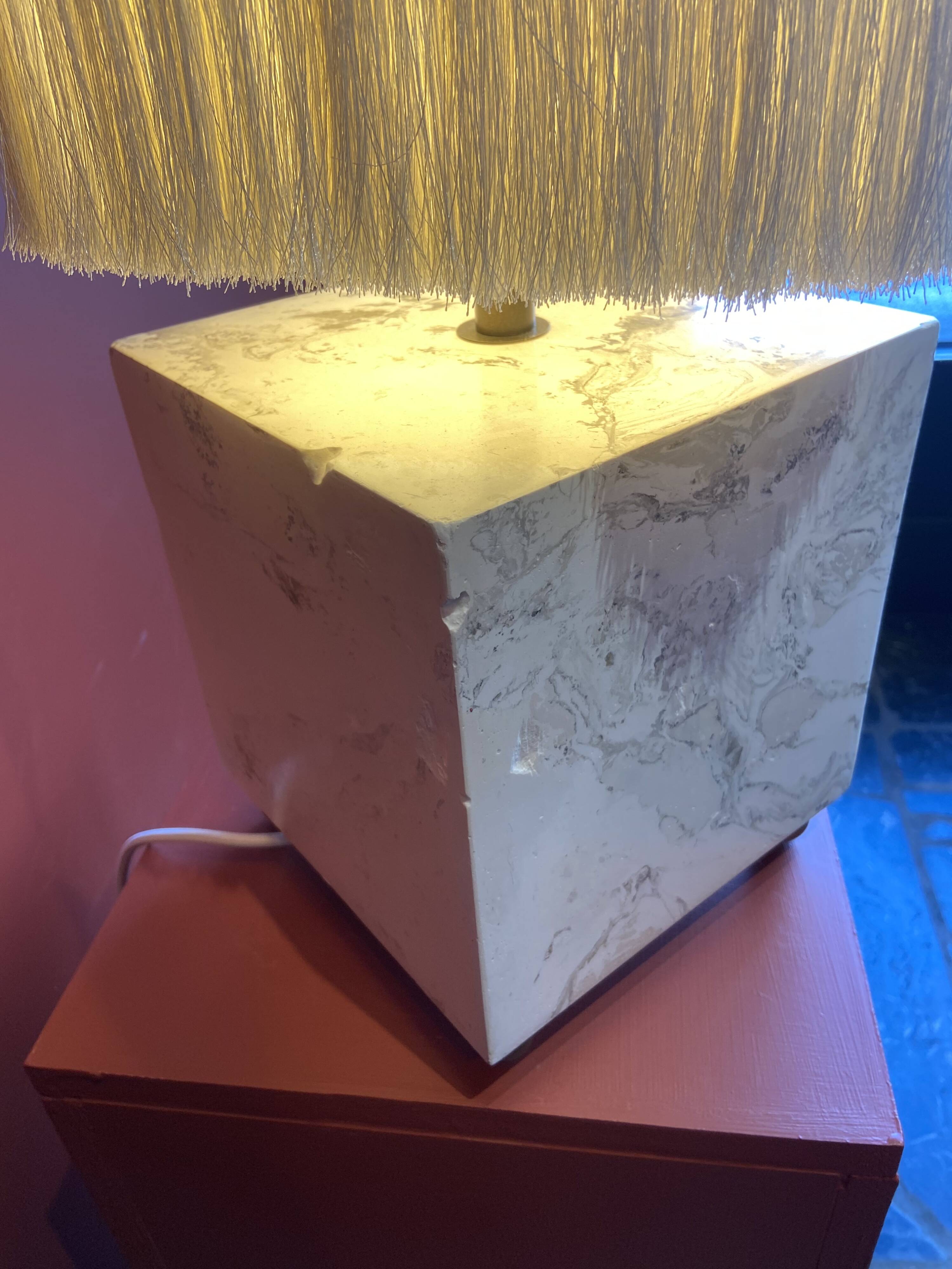 Beige marble stucco base, Houles white ecru fringed lampshade.
