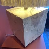 Beige marble stucco base, Houles white ecru fringed lampshade.