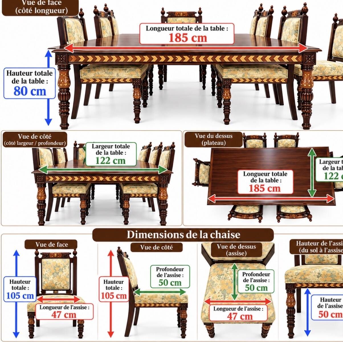 Dining table and 6 carved wooden chairs - Classic style - Chiniot, Pa