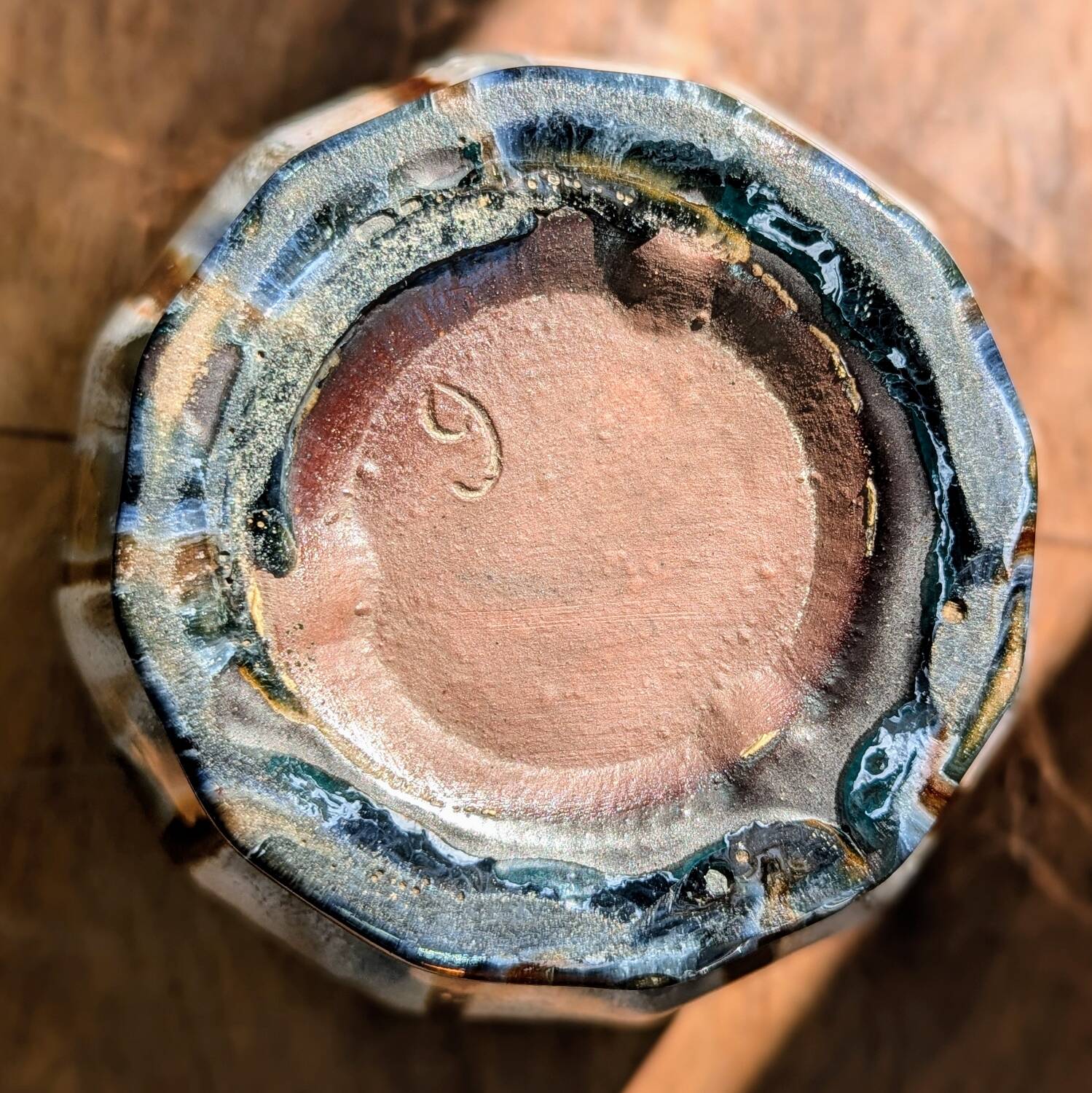 Vase vintage en grès émaillé, marron et bleu gris, décor à coulures