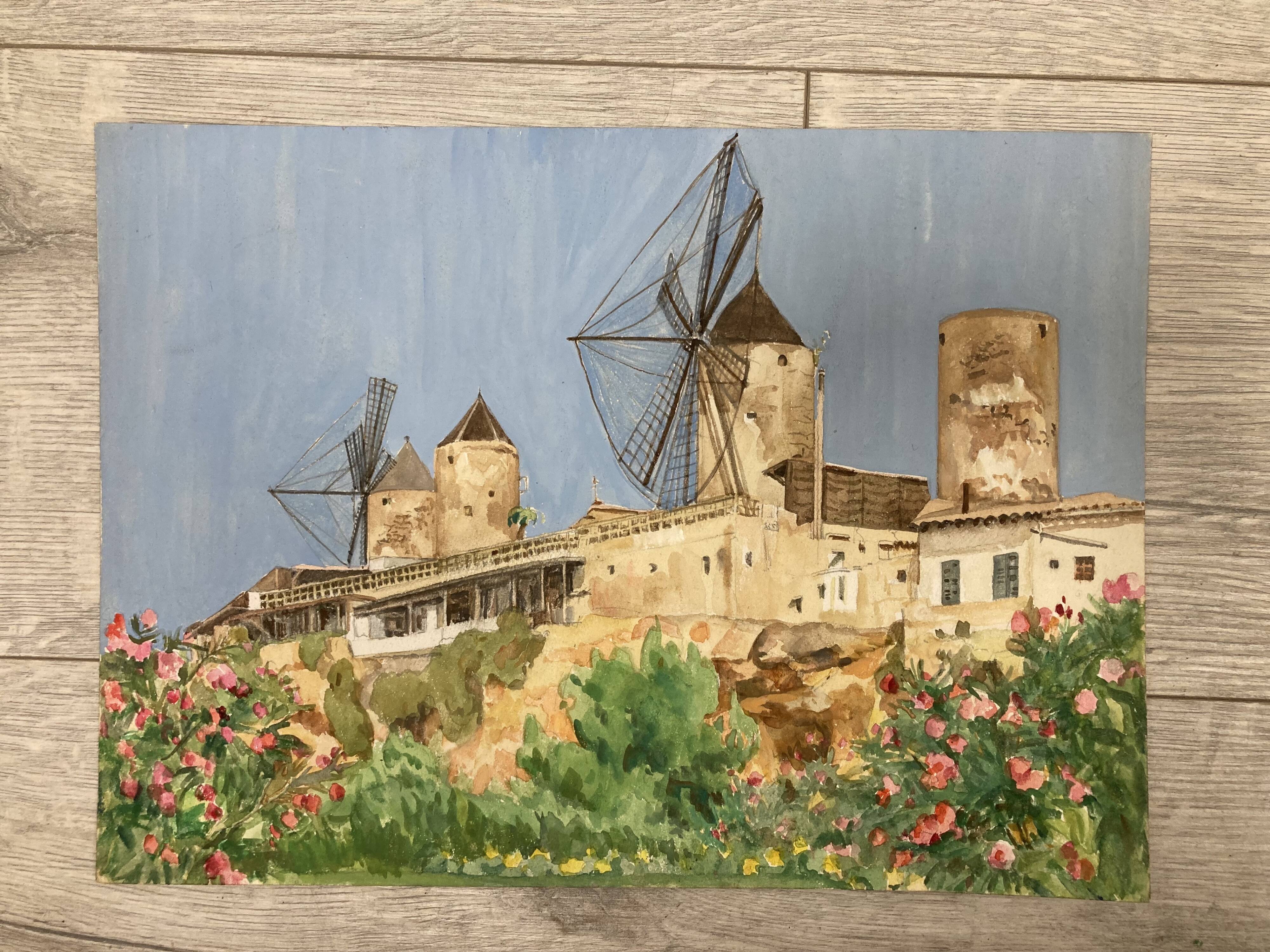 Watercolor landscape with vintage mills