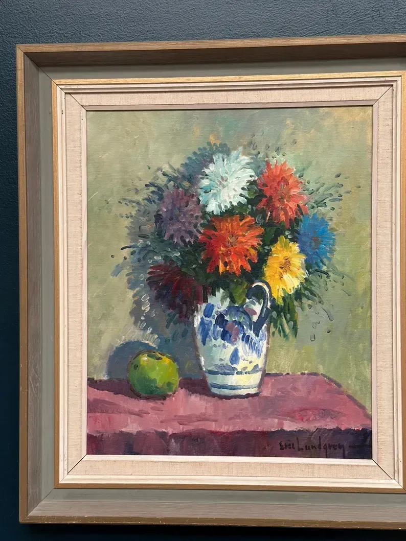 Original Swedish Oil on Canvas – “Asters in a Ceramic Vase” by Eric Lundgren – Signed – Vintage and Framed – 60 × 54 cm (23.6" × 21.3")