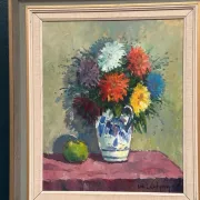 Original Swedish Oil on Canvas – “Asters in a Ceramic Vase” by Eric Lundgren – Signed – Vintage and Framed – 60 × 54 cm (23.6" × 21.3")