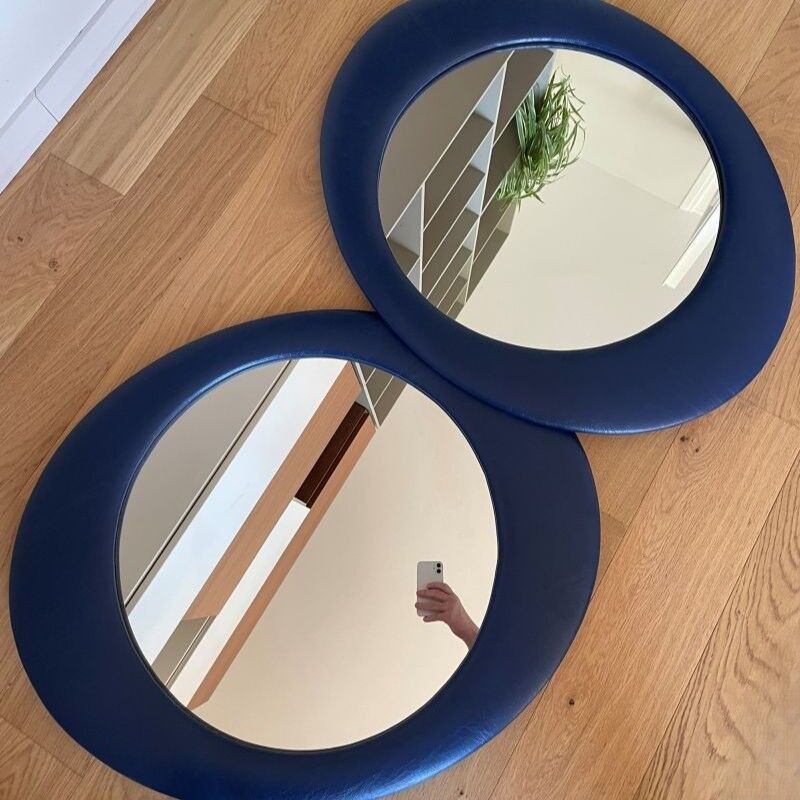 Oval wall mirror 1970s blue faux leather